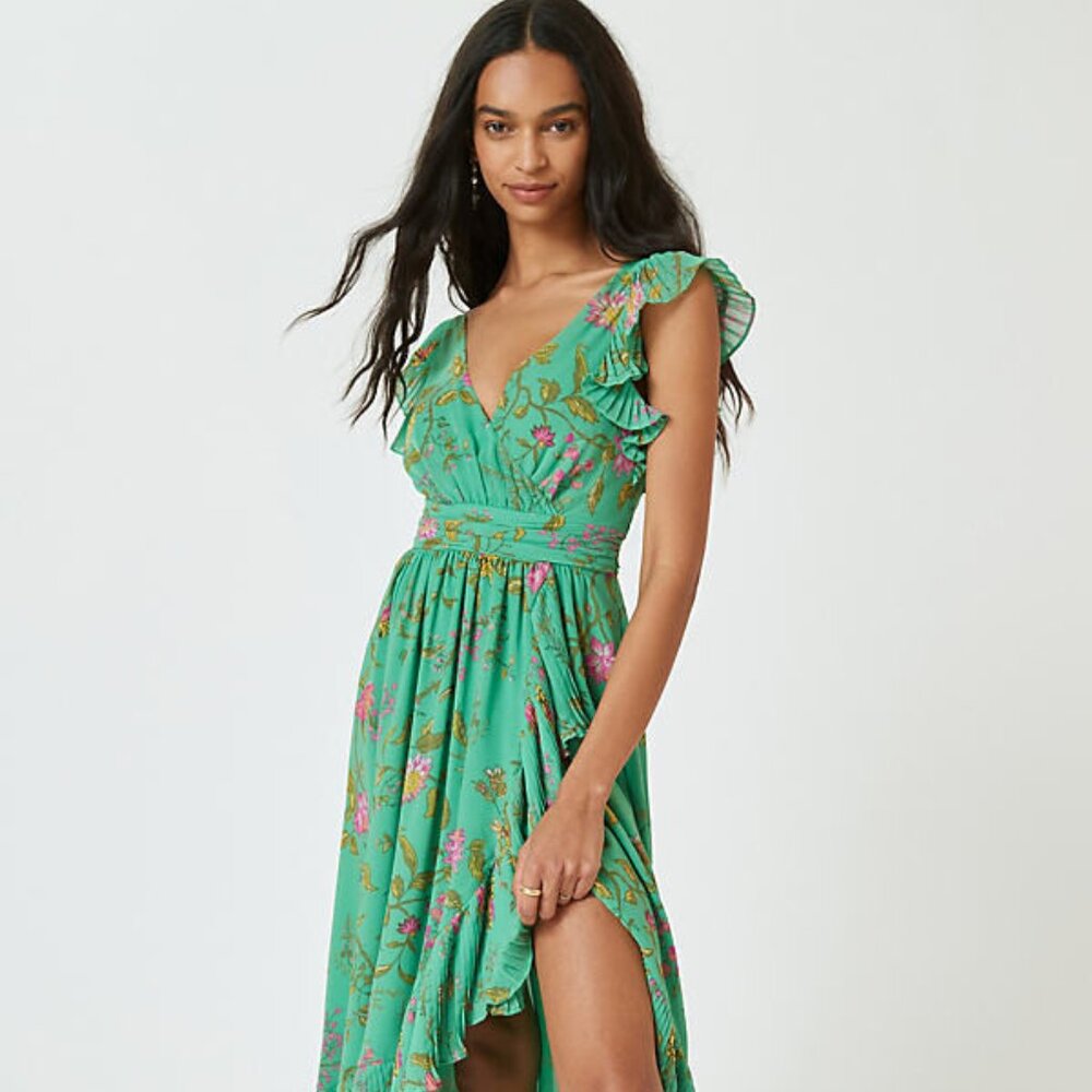 Anthropologie Ruffle-Sleeve Floral-Wrap Midi Dress